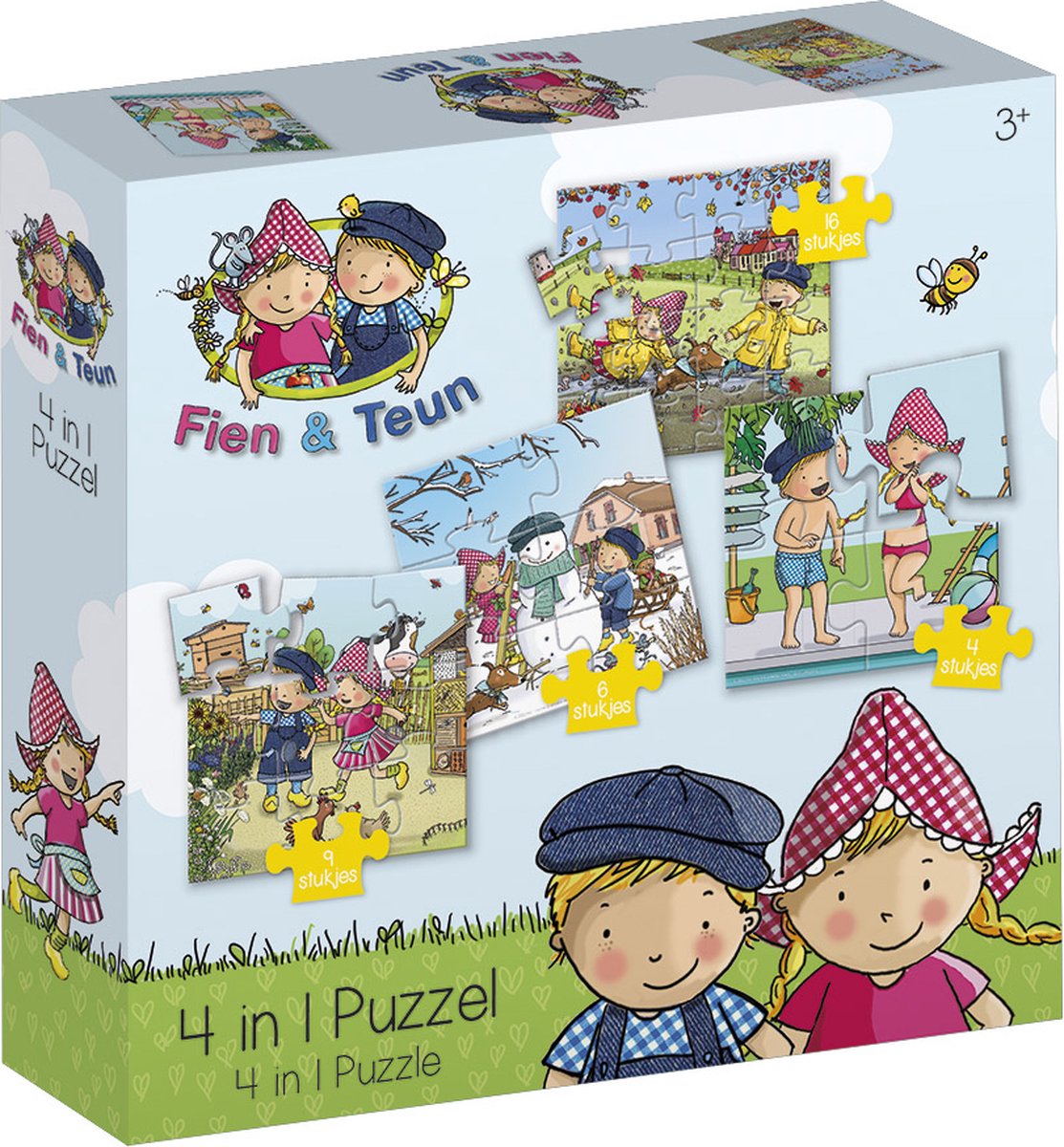 Fien & Teun puzzel 4 in 1 educatief peuter speelgoed - kinderpuzzel 4x6x9x16 stukjes leren puzzelen - cadeautip puzzel 3 jaar en ouder - Bambolino Toys