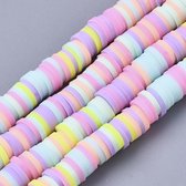 Poly-klei plat-ronde heishi kralen, 6x1mm, pastelkleuren. Verkocht per snoer van ca. 80cm. Rijggat 1,6mm.
