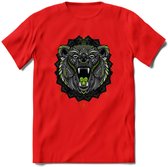 Beer - Dieren Mandala T-Shirt | Groen | Grappig Verjaardag Zentangle Dierenkop Cadeau Shirt | Dames - Heren - Unisex | Wildlife Tshirt Kleding Kado | - Rood - S