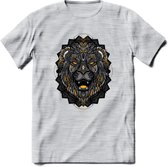 Leeuw - Dieren Mandala T-Shirt | Geel | Grappig Verjaardag Zentangle Dierenkop Cadeau Shirt | Dames - Heren - Unisex | Wildlife Tshirt Kleding Kado | - Licht Grijs - Gemaleerd - XX