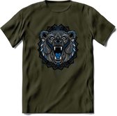 Beer - Dieren Mandala T-Shirt | Blauw | Grappig Verjaardag Zentangle Dierenkop Cadeau Shirt | Dames - Heren - Unisex | Wildlife Tshirt Kleding Kado | - Leger Groen - XXL