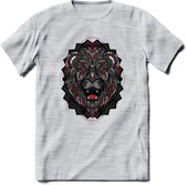 Leeuw - Dieren Mandala T-Shirt | Rood | Grappig Verjaardag Zentangle Dierenkop Cadeau Shirt | Dames - Heren - Unisex | Wildlife Tshirt Kleding Kado | - Licht Grijs - Gemaleerd - S