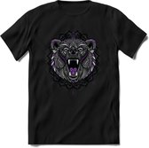 Beer - Dieren Mandala T-Shirt | Paars | Grappig Verjaardag Zentangle Dierenkop Cadeau Shirt | Dames - Heren - Unisex | Wildlife Tshirt Kleding Kado | - Zwart - L