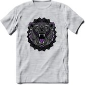 Beer - Dieren Mandala T-Shirt | Paars | Grappig Verjaardag Zentangle Dierenkop Cadeau Shirt | Dames - Heren - Unisex | Wildlife Tshirt Kleding Kado | - Licht Grijs - Gemaleerd - S