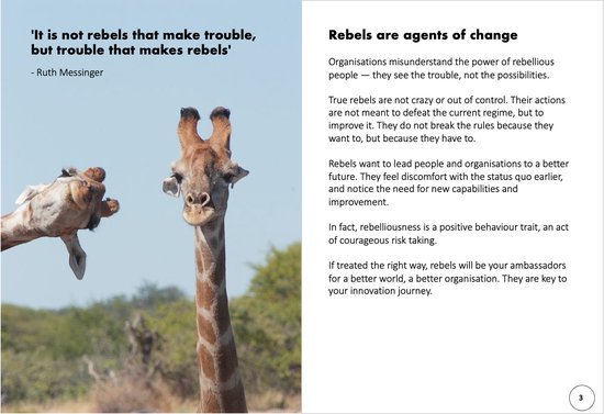 Twee giraffen met lange nekken staan tegen een achtergrond van struikgewas. Een citaat van Ruth Messinger staat aan de linkerkant.