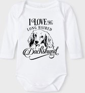 Baby Rompertje met tekst 'Long haired Dachshund' |Lange mouw l | wit zwart | maat 50/56 | cadeau | Kraamcadeau | Kraamkado