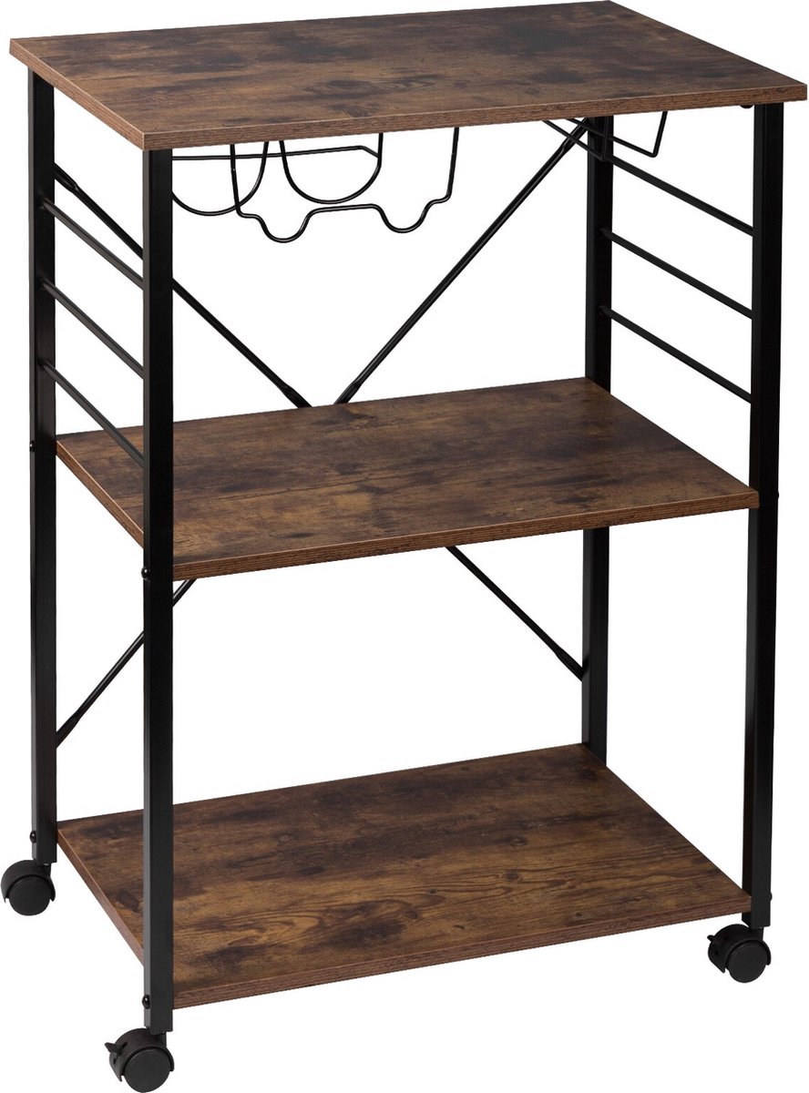 Kamyra® Keukentrolley op Wieltjes Hout - Serveerwagen, Open Kast, Wijnrek, Keukenkast - 60x40x86 cm - MDF & Metaal - Bruin