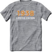 1938 Limited Edition T-Shirt | Goud - Zilver | Grappig Verjaardag en Feest Cadeau Shirt | Dames - Heren - Unisex | Tshirt Kleding Kado | - Donker Grijs - Gemaleerd - L
