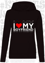 I LOVE MY BOYFRIEND dames hoodie - Zwart - Maat L - lange mouwen - Met capuchon en steekzakken - leuke hoodies - quotes - kwoots - Valentine - Valentijnsdag