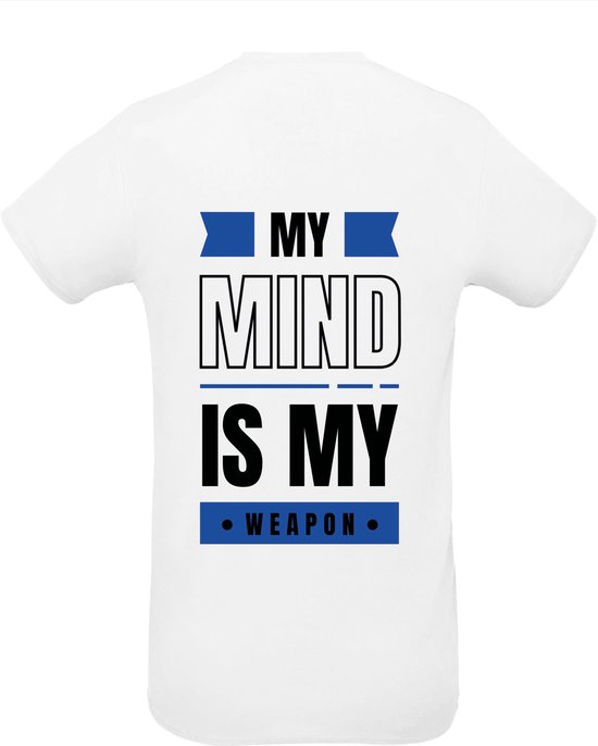 Huurdies Sportshirt | My mind is my weapon | maat XL | Bedrukkingskleur blauw | shirt wit