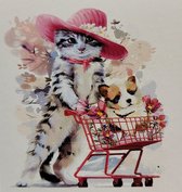 5 d Diamond painting 30x30 cm - Kat cartoon achter winkelwagentje