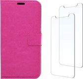 LuxeBass Huawei Y5 2019 hoesje book case + 2 stuks Glas Screenprotector roze - telefoonhoes - gsm hoes - telefoonhoesjes - glas scherm - bescherming