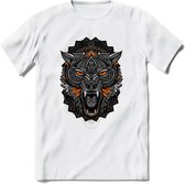 Wolf - Dieren Mandala T-Shirt | Oranje | Grappig Verjaardag Zentangle Dierenkop Cadeau Shirt | Dames - Heren - Unisex | Wildlife Tshirt Kleding Kado | - Wit - 3XL