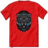 Wolf - Dieren Mandala T-Shirt | Lichtblauw | Grappig Verjaardag Zentangle Dierenkop Cadeau Shirt | Dames - Heren - Unisex | Wildlife Tshirt Kleding Kado | - Rood - XXL