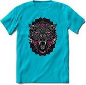 Wolf - Dieren Mandala T-Shirt | Roze | Grappig Verjaardag Zentangle Dierenkop Cadeau Shirt | Dames - Heren - Unisex | Wildlife Tshirt Kleding Kado | - Blauw - L