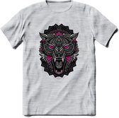 Wolf - Dieren Mandala T-Shirt | Roze | Grappig Verjaardag Zentangle Dierenkop Cadeau Shirt | Dames - Heren - Unisex | Wildlife Tshirt Kleding Kado | - Licht Grijs - Gemaleerd - M