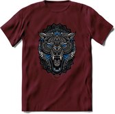 Wolf - Dieren Mandala T-Shirt | Blauw | Grappig Verjaardag Zentangle Dierenkop Cadeau Shirt | Dames - Heren - Unisex | Wildlife Tshirt Kleding Kado | - Burgundy - L