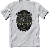 Wolf - Dieren Mandala T-Shirt | Groen | Grappig Verjaardag Zentangle Dierenkop Cadeau Shirt | Dames - Heren - Unisex | Wildlife Tshirt Kleding Kado | - Licht Grijs - Gemaleerd - XL