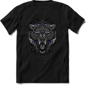 Wolf - Dieren Mandala T-Shirt | Donkerblauw | Grappig Verjaardag Zentangle Dierenkop Cadeau Shirt | Dames - Heren - Unisex | Wildlife Tshirt Kleding Kado | - Zwart - M