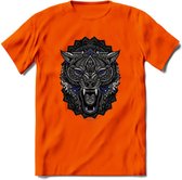 Wolf - Dieren Mandala T-Shirt | Donkerblauw | Grappig Verjaardag Zentangle Dierenkop Cadeau Shirt | Dames - Heren - Unisex | Wildlife Tshirt Kleding Kado | - Oranje - S