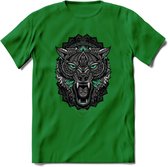 Wolf - Dieren Mandala T-Shirt | Aqua | Grappig Verjaardag Zentangle Dierenkop Cadeau Shirt | Dames - Heren - Unisex | Wildlife Tshirt Kleding Kado | - Donker Groen - XL