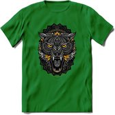 Wolf - Dieren Mandala T-Shirt | Geel | Grappig Verjaardag Zentangle Dierenkop Cadeau Shirt | Dames - Heren - Unisex | Wildlife Tshirt Kleding Kado | - Donker Groen - S