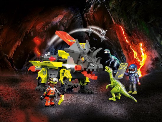 Playmobil Robo-Dino vechtmachine met dinosaurussen en speelfiguren in een lavalandschap.