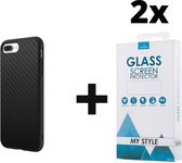 Backcase Carbon Hoesje iPhone 8 Plus Zwart - 2x Gratis Screen Protector - Telefoonhoesje - Smartphonehoesje