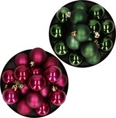 Kerstversiering kunststof kerstballen kleuren mix framboos roze/ donkergroen 4 en 6 cm pakket van 80x stuks