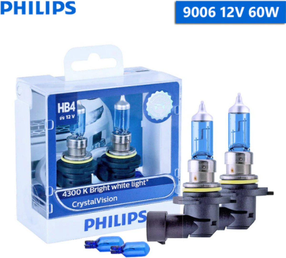 HB4 9006 55 Watt Philips Crystal Vision lampen 12V – Wit licht 4300K – Xenon look – LED look – Hoge lichtopbrengst – Lange levensduur – HB4 9006 55w Autolampen – Koplampen – Kleur wit – H.O.D. halogeen Origineel Philips lampen – 2 stuks – Gratis W5W