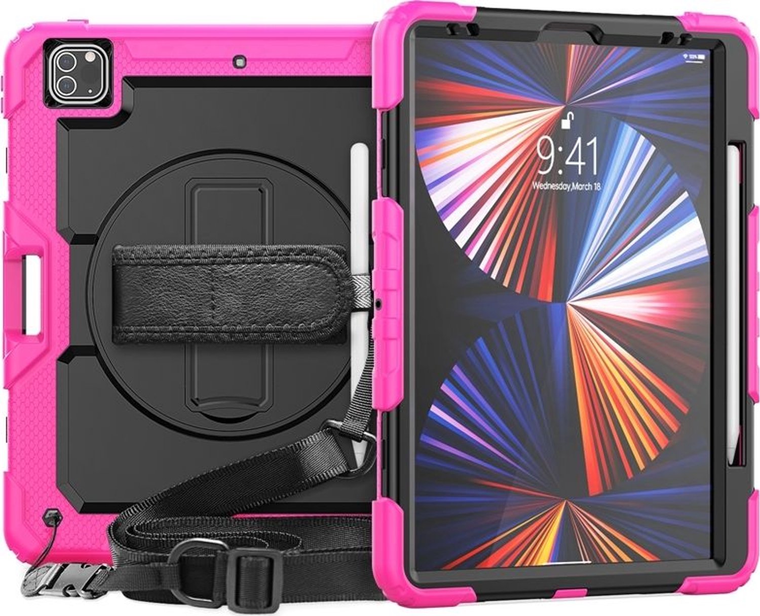 Mobigear SureGrip Xtreme Tablethoes geschikt voor Apple iPad Pro 12.9 (2021) Hardcase Backcover + Stylus Houder + Schouderband + Standaard - Zwart / Roze