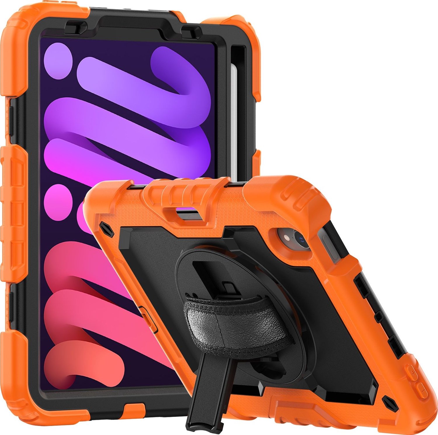 Mobigear SureGrip Xtreme - Tablethoes geschikt voor Apple iPad Mini 6 (2021) Hardcase Backcover + Stylus Houder + Schouderband + Standaard - Zwart / Oranje