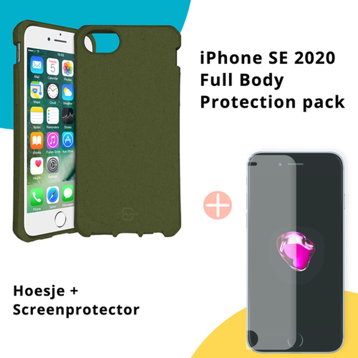 ITSkins Feronia Level 2 Backcover Bescherming iPhone SE 2020/7/8 Kaki groen + MH by Azuri Curved Premium Gehard Glas – Full Body Protection Pack