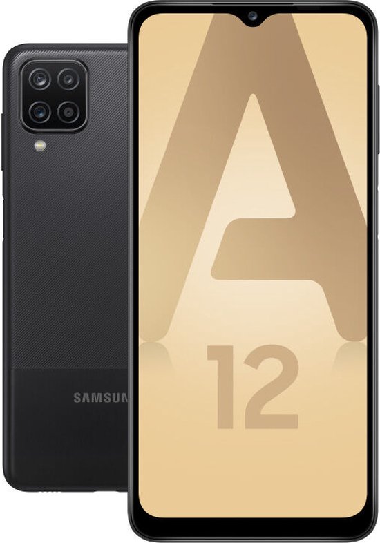 Zwarte Samsung Galaxy A12 naast een scherm met een grote 'A 12'.