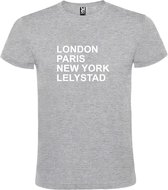 Grijs t-shirt met " London, Paris , New York, Lelystad " print Wit size S
