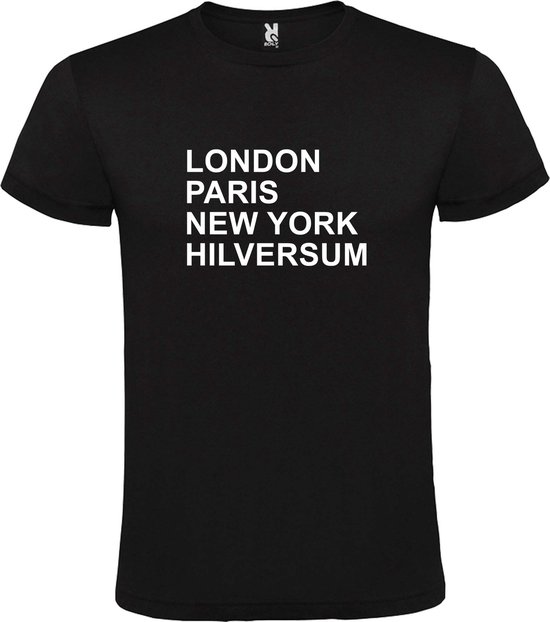 Zwart t-shirt met " London, Paris , New York, Hilversum " print Wit size XXXXXL
