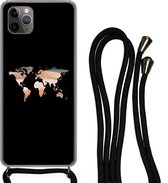 Hoesje met koord Geschikt voor iPhone 11 Pro Max - Wereldkaart - Verf - Zwart - Siliconen - Crossbody - Backcover met Koord - Telefoonhoesje met koord - Hoesje met touw