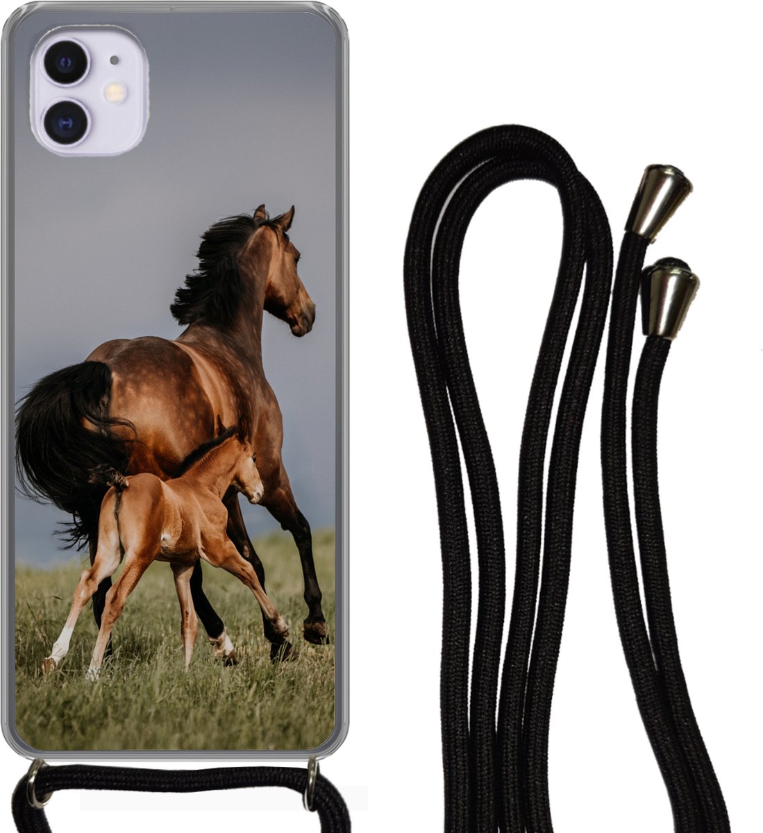 Telefoonhoesje Geschikt voor iPhone 12 - Dieren - Paarden - Veulen - Siliconen - Crossbody - Backcover met Koord - Telefoonhoesje met koord - Hoesje met touw Telefoonhoesje