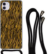 Hoesje met koord Geschikt voor iPhone 12 - Tijgerprint - Zwart - Oranje - Siliconen - Crossbody - Backcover met Koord - Telefoonhoesje met koord - Hoesje met touw