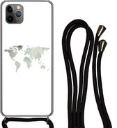 Hoesje met koord Geschikt voor iPhone 11 Pro Max - Wereldkaart - Groen - Grijs - Siliconen - Crossbody - Backcover met Koord - Telefoonhoesje met koord - Hoesje met touw