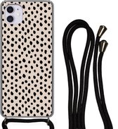 Telefoonkoord - Telefoonketting - Hoesje met koord Geschikt voor iPhone 12 Mini - Stippen - Zwart - Beige - Siliconen - Crossbody - Telefoonhoesje met koord