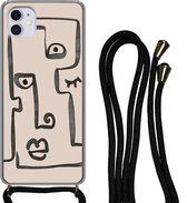Hoesje met koord Geschikt voor iPhone 12 Mini - Oog - Lippen - Line art - Siliconen - Crossbody - Backcover met Koord - Telefoonhoesje met koord - Hoesje met touw