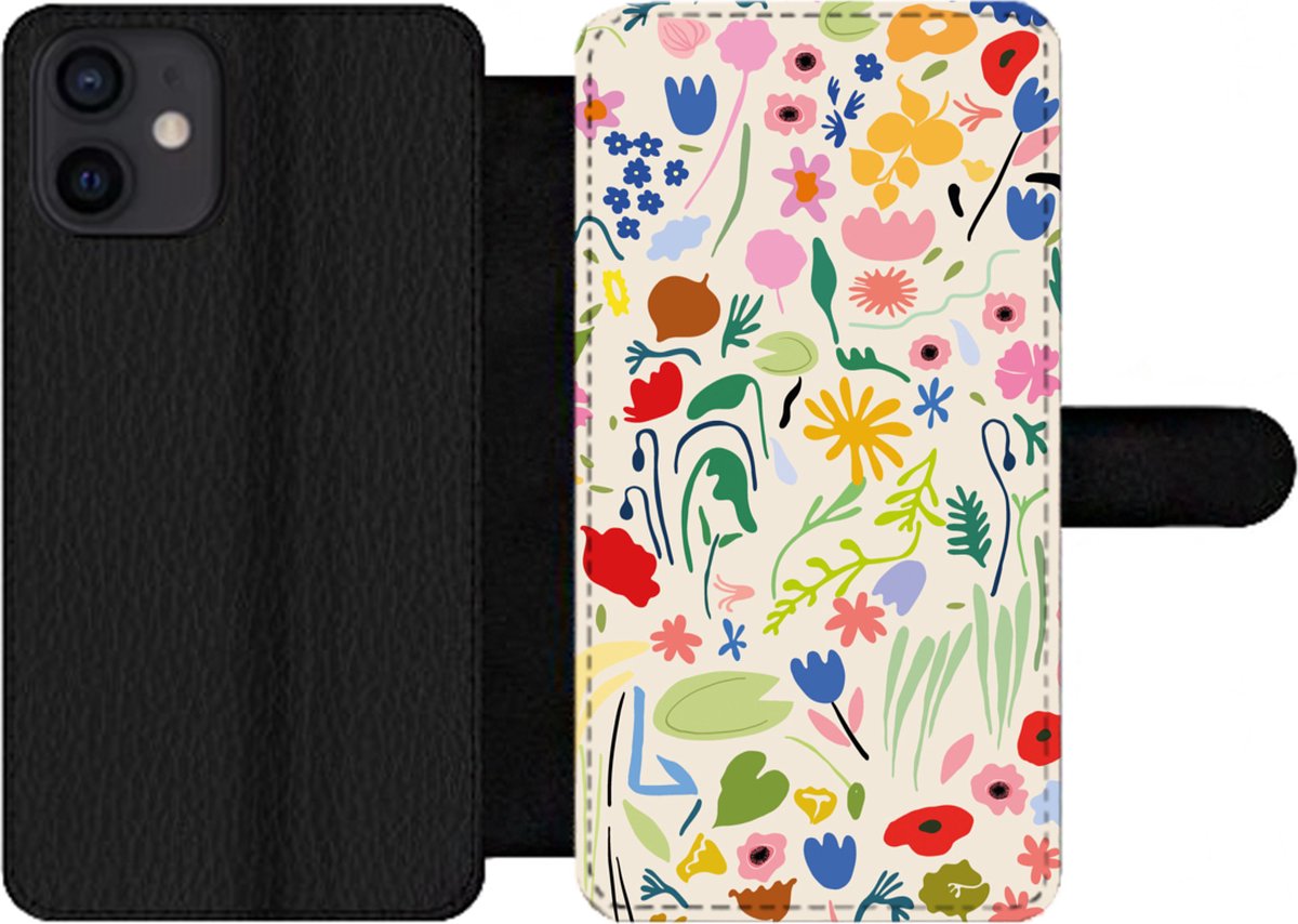 Telefoonhoesje Geschikt voor iPhone 12 telefoonhoesje - Bloem - Patronen - Planten - Met vakjes - Wallet case met magneetsluiting