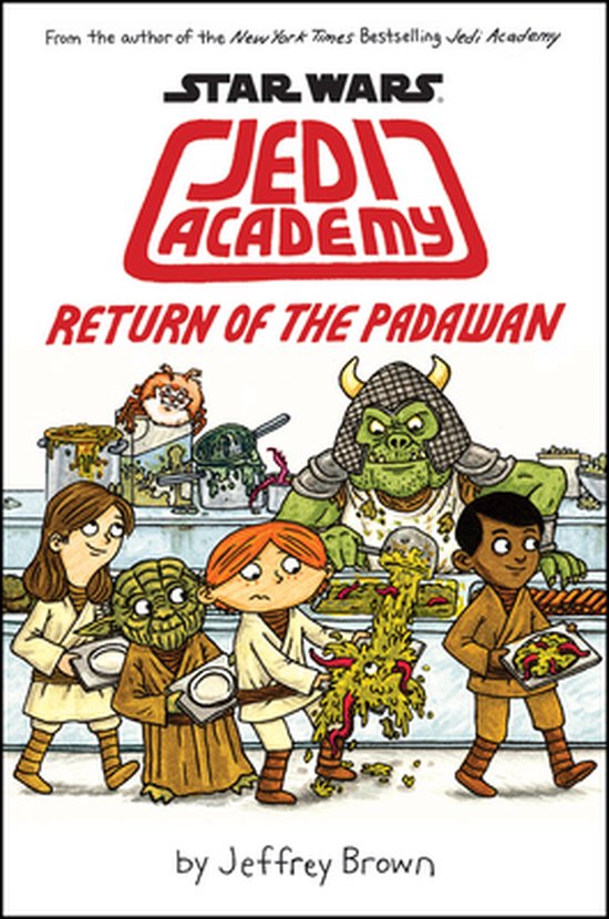 Boek 'Star Wars Jedi Academy: Return of the Padawan' met illustratie van Yoda en andere kinderen in een kantine.