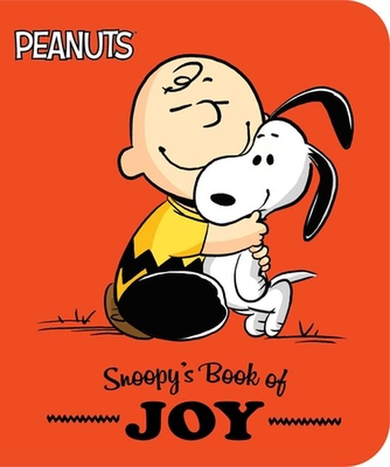 Charlie Brown omhelst Snoopy op de oranje kaft van 'Snoopy's Book of Joy'.