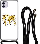 Coque avec cordon iPhone 11 - Carte du Wereldkaart - Animaux - Jaune - Siliconen - Bandoulière - Coque arrière avec cordon - Coque pour téléphone avec cordon - Etui avec corde