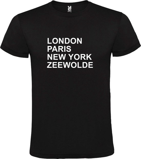 Zwart t-shirt met " London, Paris , New York, Zeewolde " print Wit size S