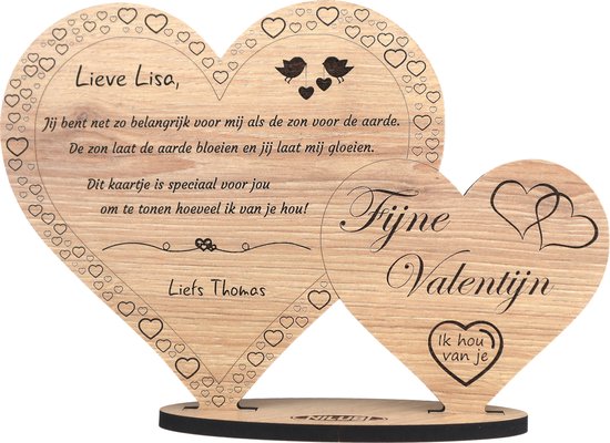 Valentijn - gepersonaliseerde houten valentijnskaart - kaart van hout - valentijnsdag - luxe uitvoering met eigen namen