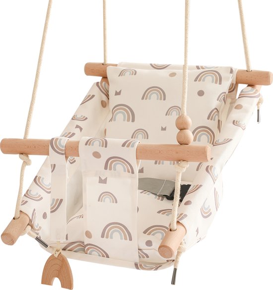 Baby / Kinder Schommel - Baby Swing Regenboogjes - Ergonomische Schommelstoel - Inclusief Zachte Kussens, Veiligheidsriem en Bevestigingsmaterialen