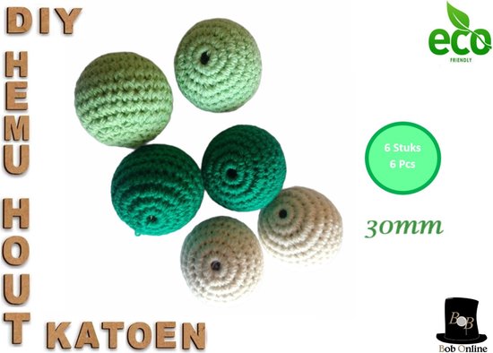 Foto: Bob online 6 stuks mix setje gehaakte houten kralen 30mm rond met ca 7mm gaatje 2 x donker groen 2 x licht groen 2 x gebroken wit houten gehaakte kralen rijgkralen kralen rijgen mixed set 30mm round hemu wood crochet beads